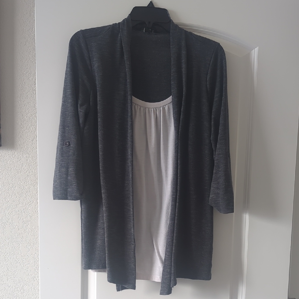 AGB Charcoal Open Front Cardigan With Inset White Tank Liner Medium